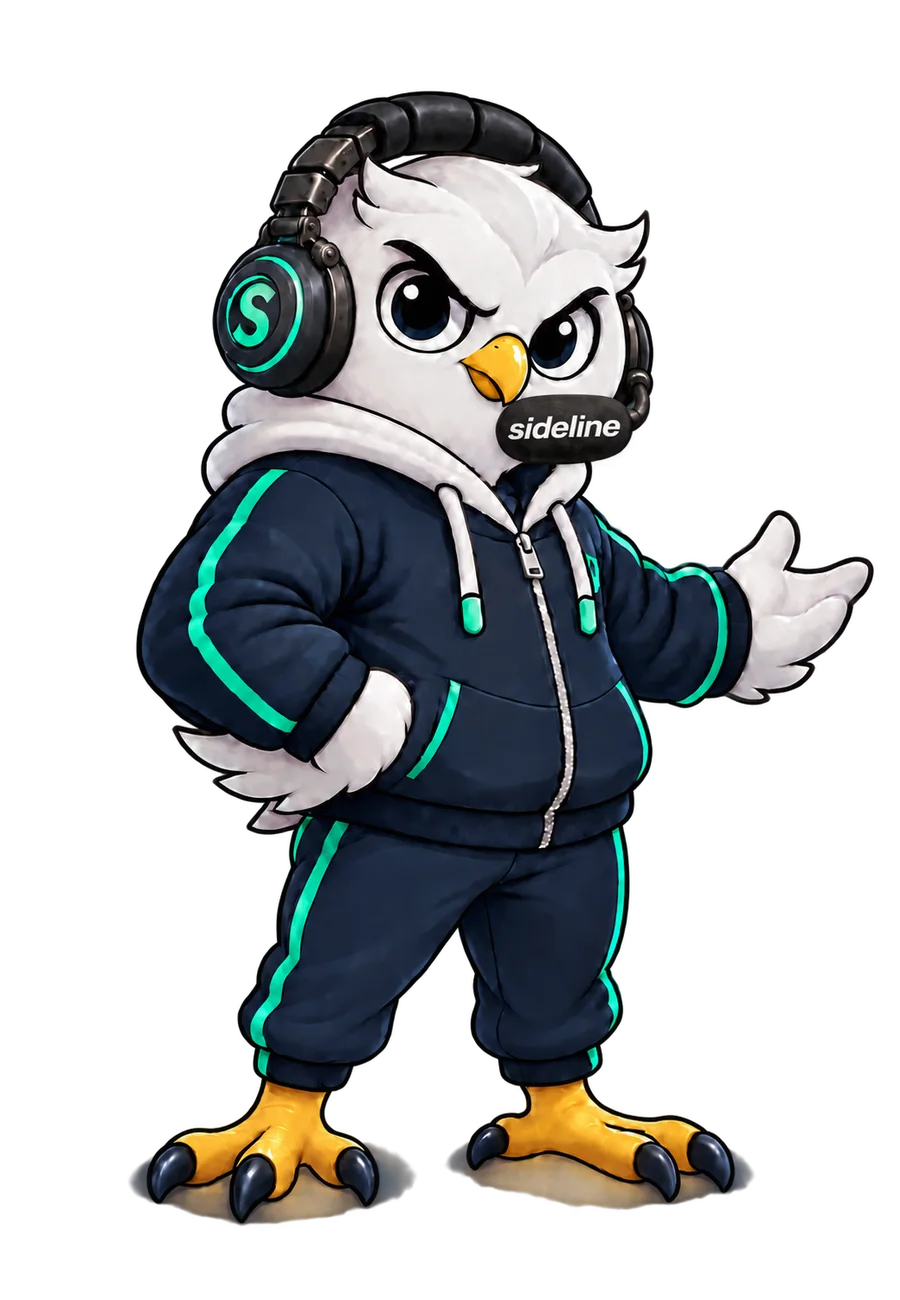 Sideline’s owl coach in a navy tracksuit and headset