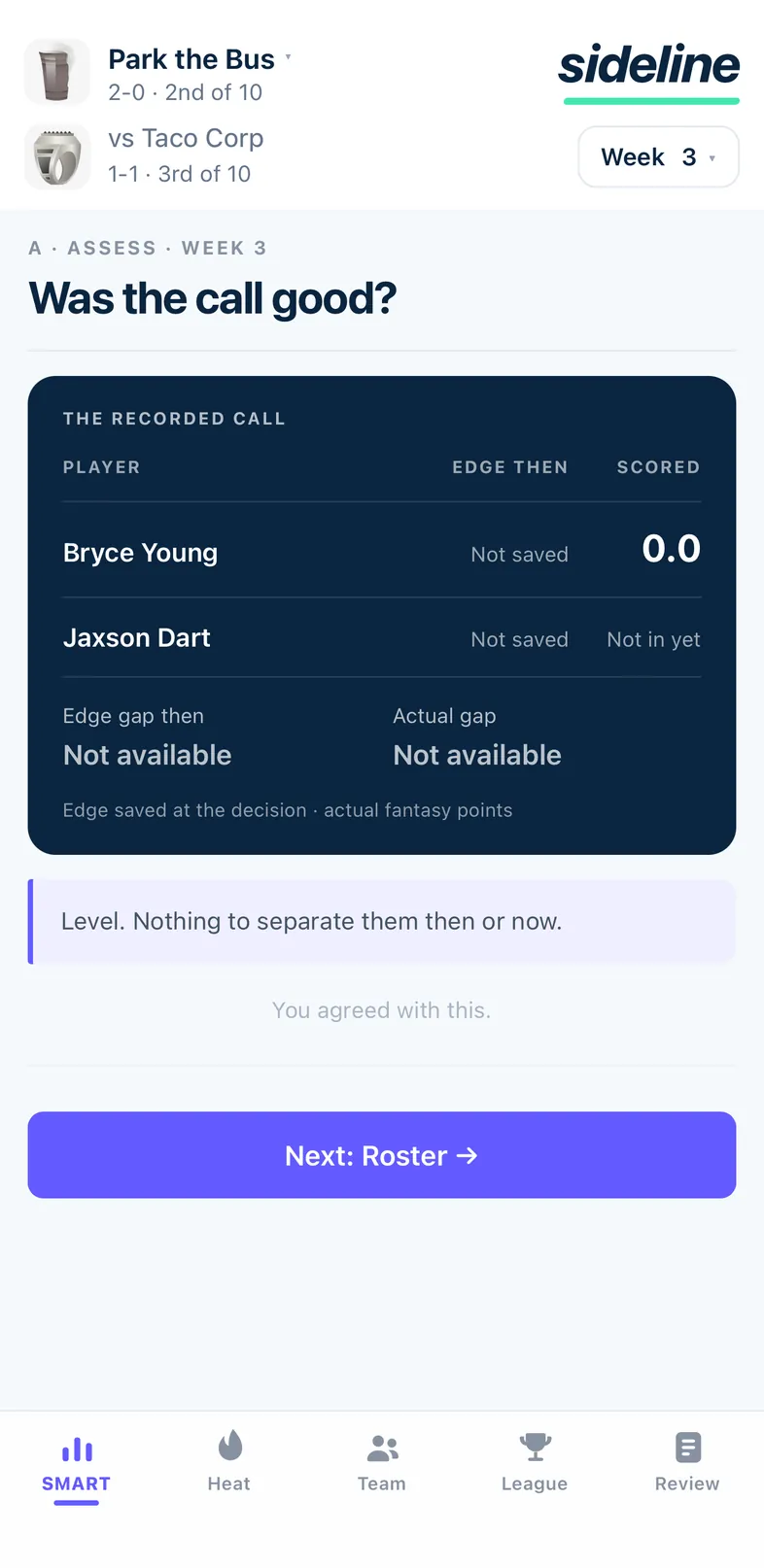 Sideline Assess screen
