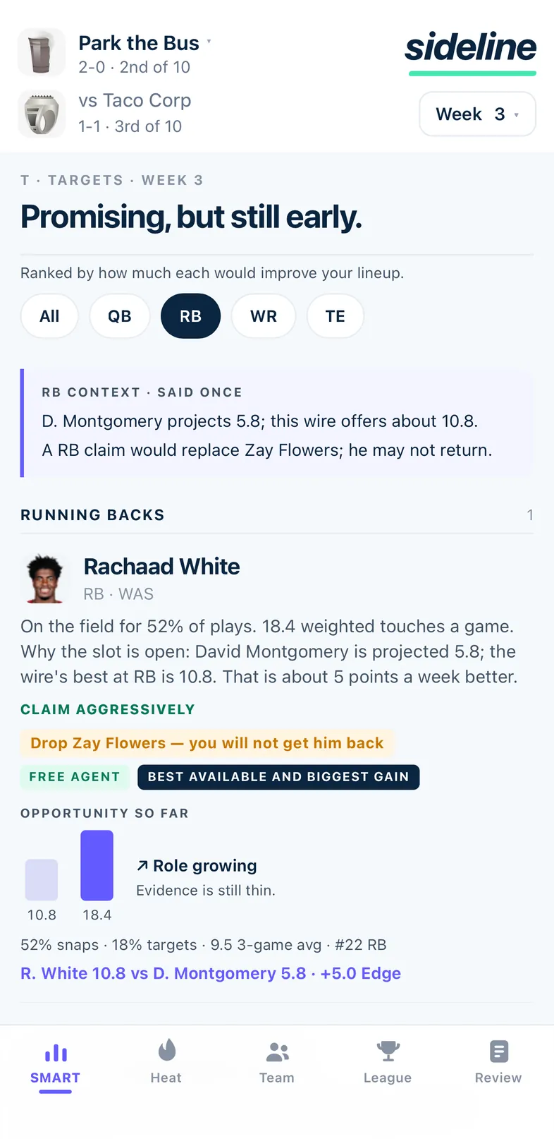 Sideline Targets screen